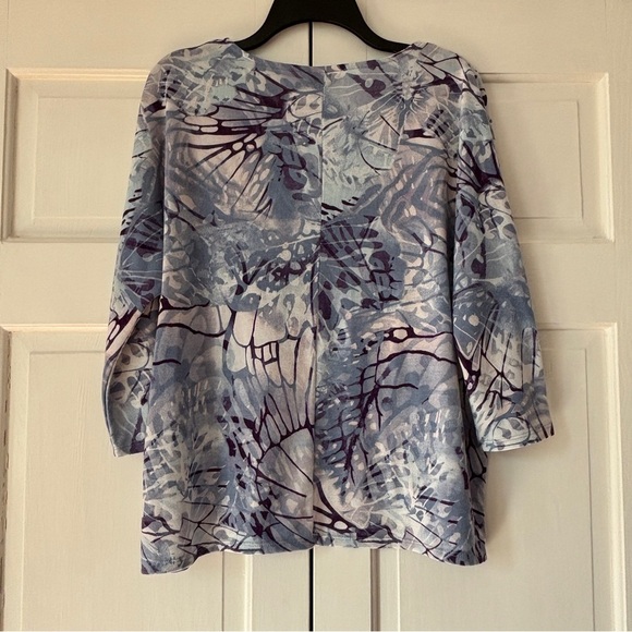 Chico's Size 2 Blue Purple Knit 3/4 Sleeve Boxy Abstract Blouse Chico Size Large - Picture 5 of 12
